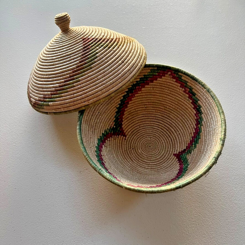 Handwoven Basket Bowl With Lid Green Red Tan Tribal Boho Trinket